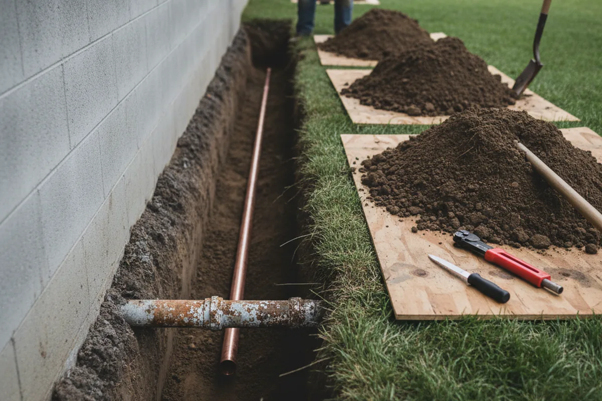 Excavated water line trench during Water Heater Repair in Addison